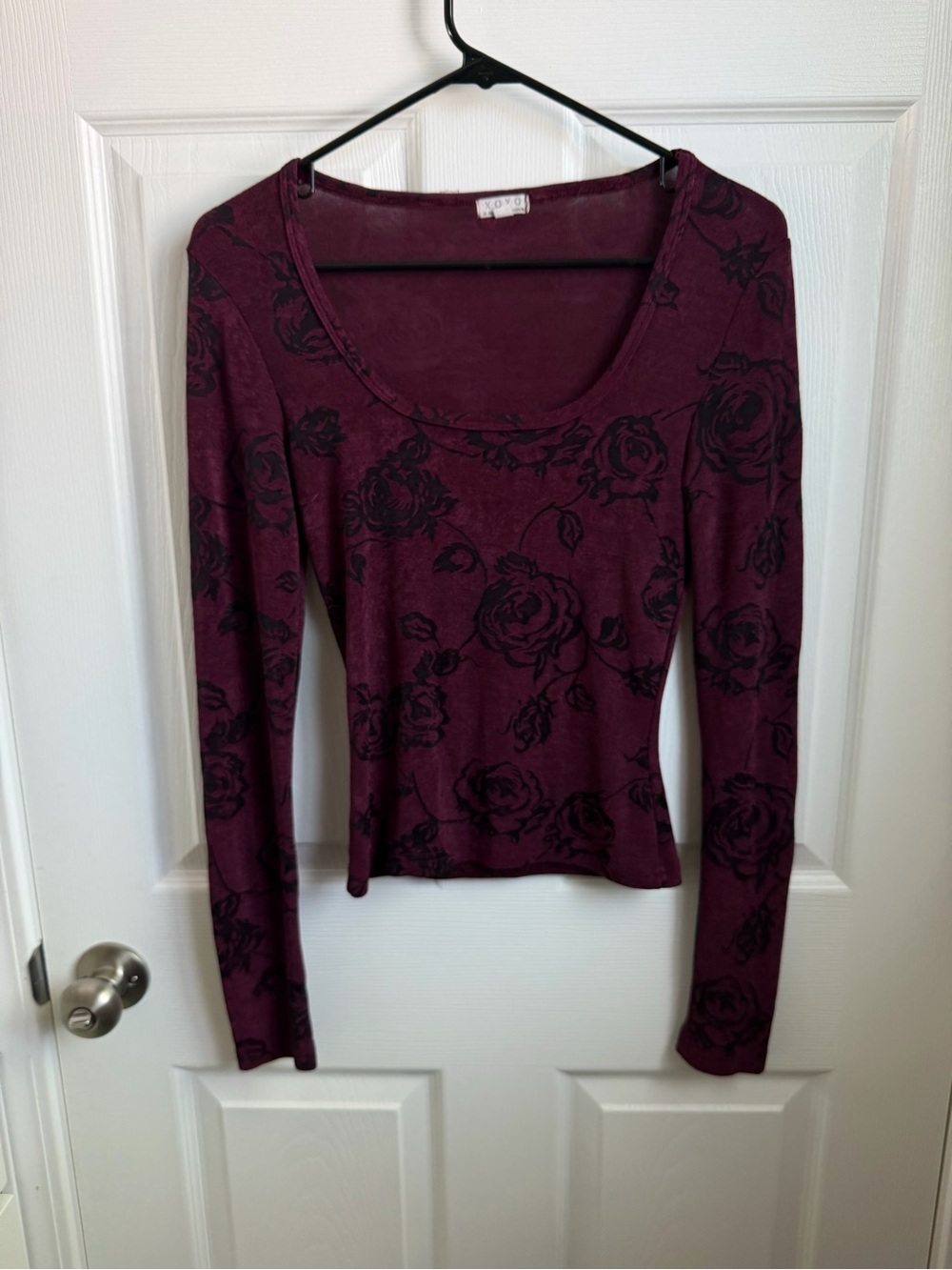 XOXO Burgundy Long-Sleeve Scoop Neck Floral Long Sleeve Shirt